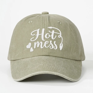 Vintage olive green washed cotton baseball cap with Hot Mess heart embroidery
