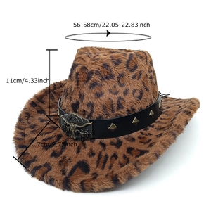Chapeau de cowboy en fausse fourrure léopard avec boucle taureau et bande cloutée