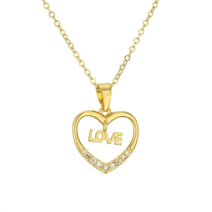 Golden heart necklace with LOVE lettering and seven clear zircons on white background