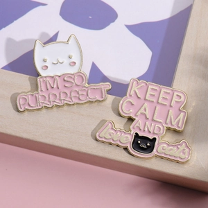 Creative enamel cat badges with I'M SO PURRRFECT and Keep Calm and Love Cats slogans
