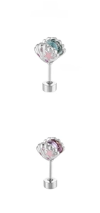 Detailed view of silver shell stud earrings with blue and purple beads and pink stars