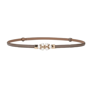Women's slim brown leather belt featuring a flower buckle with pearls and rhinestones