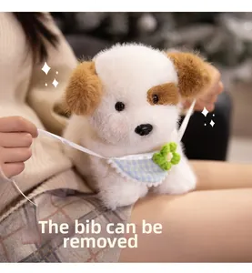 Detail of plush dog toy featuring a removable blue checkered bib with green knit flower