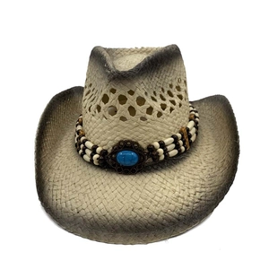 Western cowboy straw hat with turquoise bead band and ventilated weave for outdoor sun protection