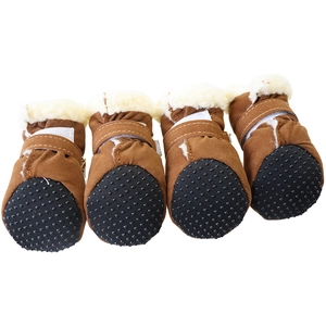 Set of four brown pet snow boots with white fleece lining and non-slip rubber soles