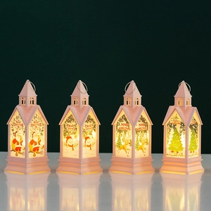 Set of 4 pink vintage Christmas lantern lights with warm LED glow for holiday desktop decor
