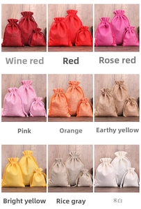 Various sizes and colors of drawstring linen pouches shown in a grid layout