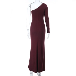Elegant burgundy one-shoulder backless evening gown with long sleeve and slim fit