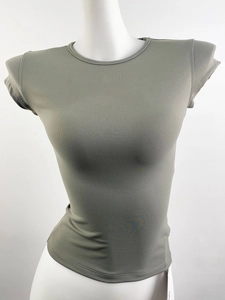 Slim fit olive green ribbed knit short sleeve T-shirt for women displayed on a mannequin