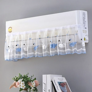 Detailed lace air conditioner cover with blue swan embroidery and wavy scalloped hem