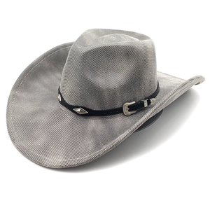 Top view of a grey western cowboy hat featuring black leather band and silver metal studs