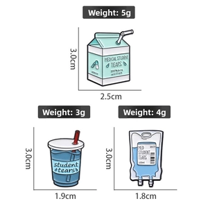 Size and weight specifications for cute medical themed milk box and drink enamel pins