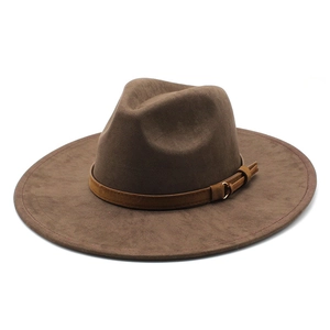Dark brown wide brim suede fedora hat with heart detail and decorative metal buckle