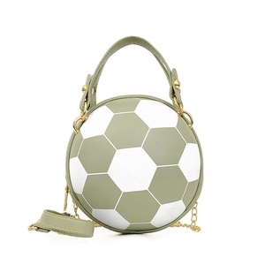 Fashionable soccer ball shaped handbag in sage green and white with gold chain strap