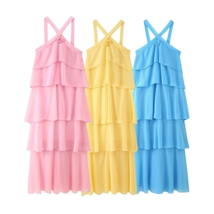 Sweet halter tiered maxi dress with floral detail in pink, yellow and blue colors