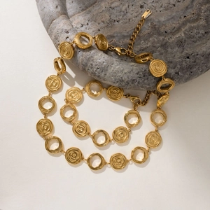 18k gold plated titanium steel cross chain necklace with spiral bead and ring design