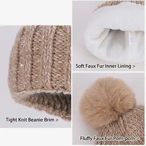 Winter sequin knit beanie with warm fleece lining and fluffy faux fur pom-pom detail