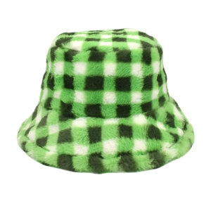 Detailed texture of green and white plaid faux fur bucket hat with soft plush finish