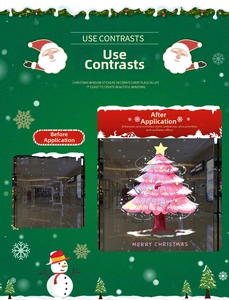 Pink Christmas tree window sticker before and after application effect on glass door