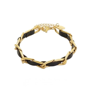Fashionable gold chain and black woven leather bracelet with lobster clasp and round tag