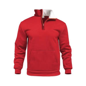 Red waffle textured men's half-zip hoodie with high collar and kangaroo pocket
