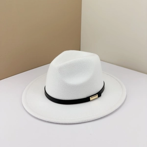 White wide-brim wool fedora hat with a black decorative band and gold metal buckle