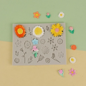 Sunflower and daisy silicone fondant mold with colorful DIY floral cake decorations