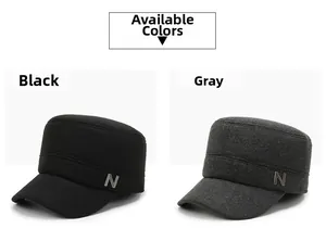 Detail view of winter cadet hats in black and grey with warm lining and N metal logo
