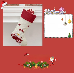 Detail of Christmas stocking featuring a snowman with red plaid hat and gift box