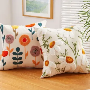 Floral Embroidered Pillow Cover Cotton Linen Tufted Flower Cushion Case Sofa Bed Decorating American Pastoral Style Home