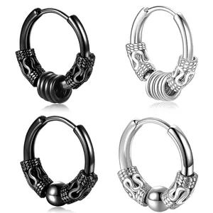 Boucles d'oreilles créoles vintage en acier inoxydable argenté et noir motif écailles