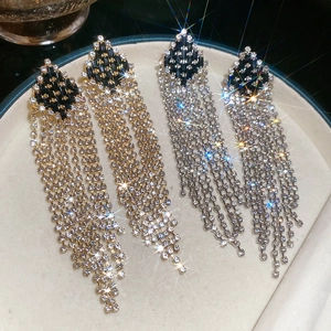 Rhombus Tassel Drop Earrings Copper Zircon Rhinestone Silver Earring Post Sweet Cool Fashion Geometric Dangle Women
