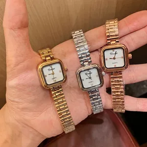 Square quartz watch for women with metal chain strap and minimalist white dial