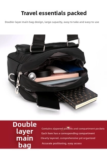 Macro view of dual-layer main compartments in a black nylon crossbody bag with internal storage