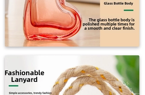 Detail of a heart-shaped pink glass bottle with an elegant beige gold-threaded lanyard