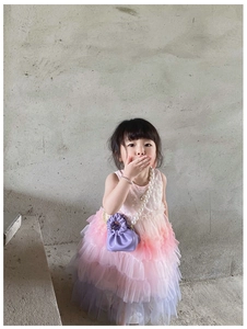 Girl in purple and pink gradient tulle layered dress with pearl bag and necklace detail