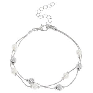 Double-layered silver bracelet with white pearls and sparkling rhinestone balls