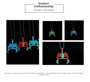 Detailed view of luminous scorpion pendant necklace with glowing gothic punk style finish