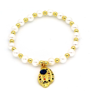 Perlenarmband mit goldenen Metalleinsätzen und einem bunten Zirkon-Böse-Blick-Fischanhänger