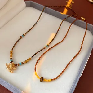 Vintage Tiger Eye Stone Beaded Necklace Glass Alloy Gold Plated Rocking Horse Pendant Choker Jewelry For Women