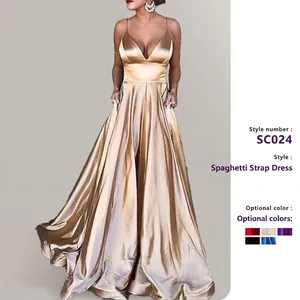 Robe De Soirée Sexy En Satin À Col En V Pour Femmes Bretelles Spaghetti Sans Manches Taille Haute Robe Longue Pour Bal