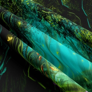 Detailed close-up showing high-quality fabric texture and forest print with neon butterfly