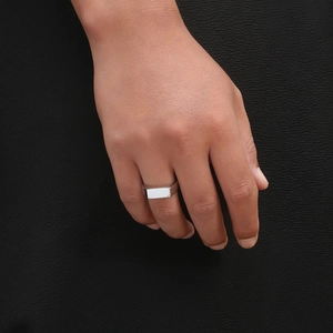 Minimalist silver rectangular stainless steel signet ring for men and women on finger