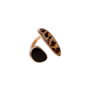 Minimalist open ring featuring leopard print and black oval accents in gold finish