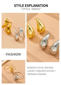 Close-up of polished gold and silver waterdrop rings and earrings set details