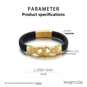 Detailed view of woven leather bracelet with gold stainless steel clasp and size dimensions