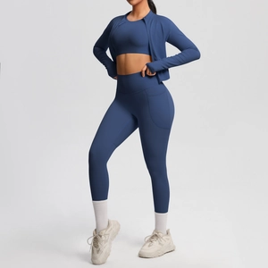 Dreiteiliges Yoga-Set in Blaugrau mit High-Waist-Leggings mit Taschen und Zipper-Jacke
