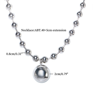 Detail view of silver steel bead necklace showing 0.8cm beads and a 2cm large pendant