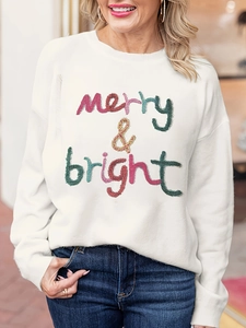 White women's long sleeve sweatshirt with colorful merry and bright embroidery text