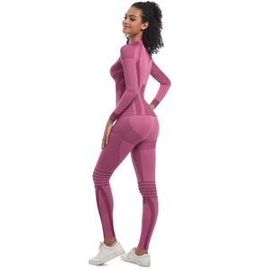 Detail of mauve seamless yoga set showing ribbed textures and breathable knit patterns
